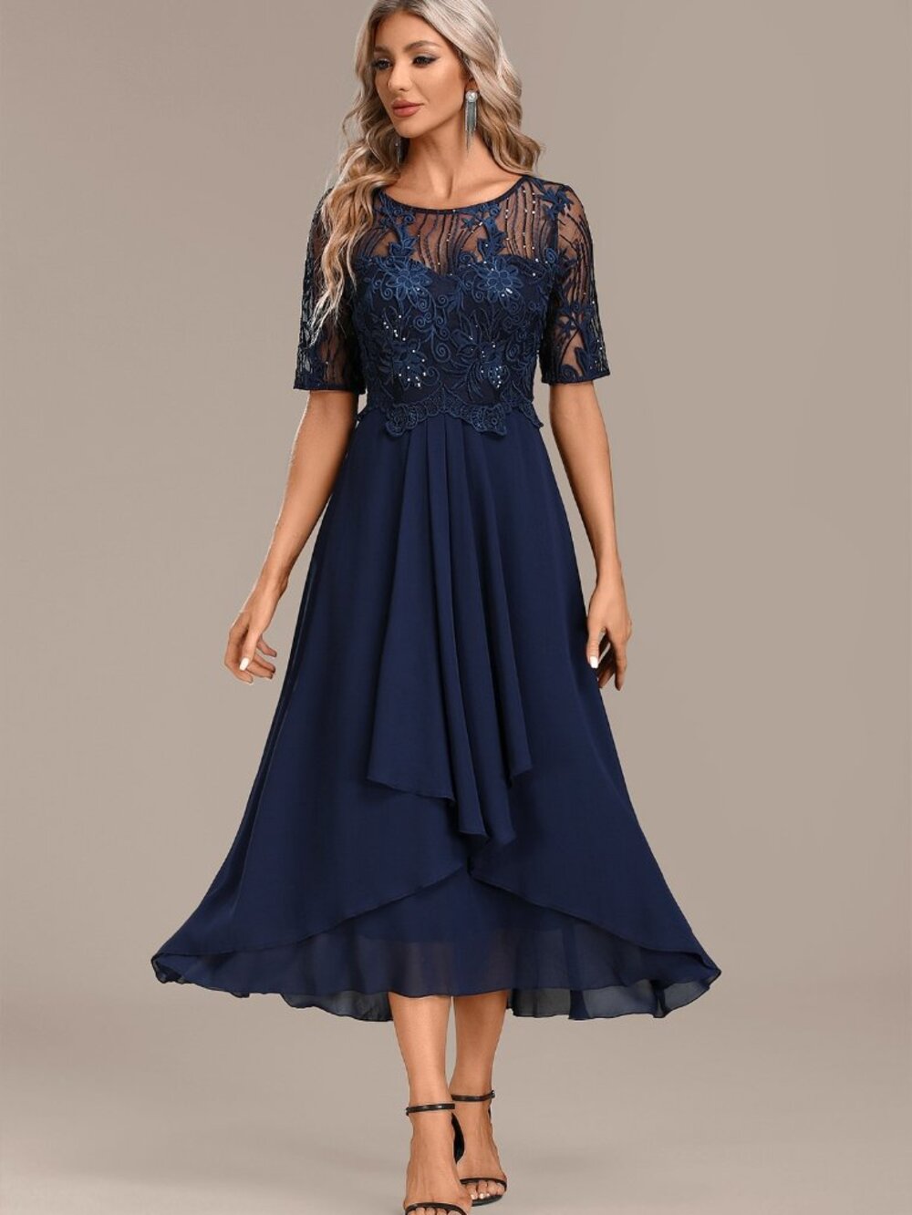 MODLILY - Navy Lace Short Sleeve Round Neck Dress - NWOT!